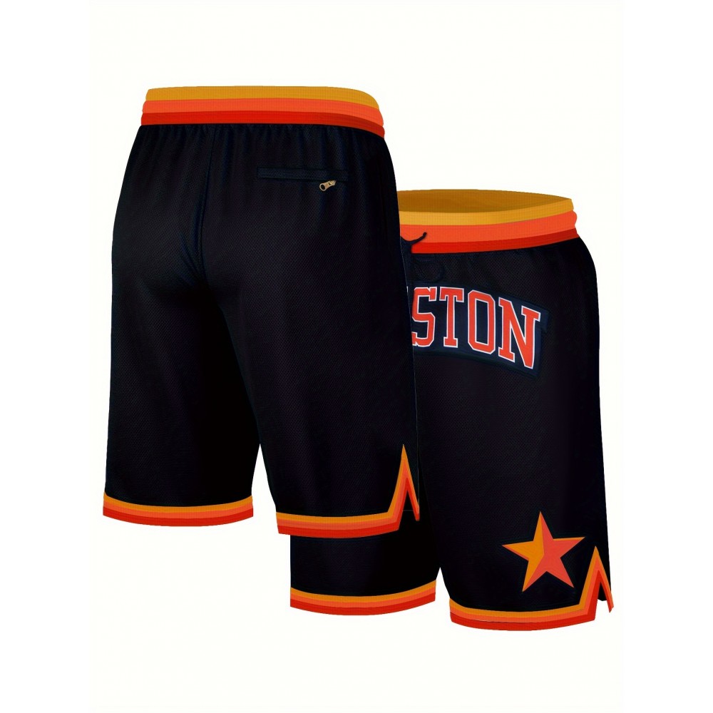 Men's Blue Baseball Shorts with Classic Letter Embroidery & Button Detail - Breathable Loose-Fit Athletic Shorts for Training, Games, Outdoor Activities - All-Season Comfort, Machine Washable, Workout Shorts