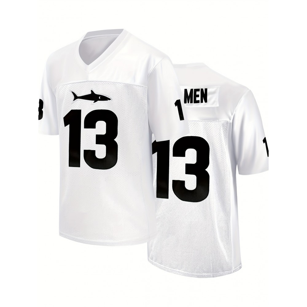 Men's White #13 Breathable American Football Jersey - V-Neck Short Sleeve Embroidered Team Uniform with Shark Graphic & Bold Numerals, Loose Fit for Training, Competition & Casual Wear (Machine Washable, All-Season), Embroidered Detailing