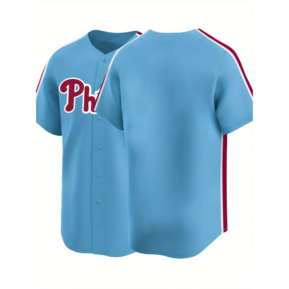 Men'S Moon Blue Baseball Shirt, Classic Letter Embroidery Design, Button Style Short Sleeved Breathable Shirt, Used for Training And Competitions