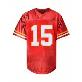 Men'S Red #15 Football Jersey - Loose Fit, Embroidered V-Neck Sports Shirt for Casual & Outdoor Wear, Breathable Mesh Fabric with Striped Trim, Perfect for Casual Attire, Sports Jersey | #15 Jersey | Durable Jerse
