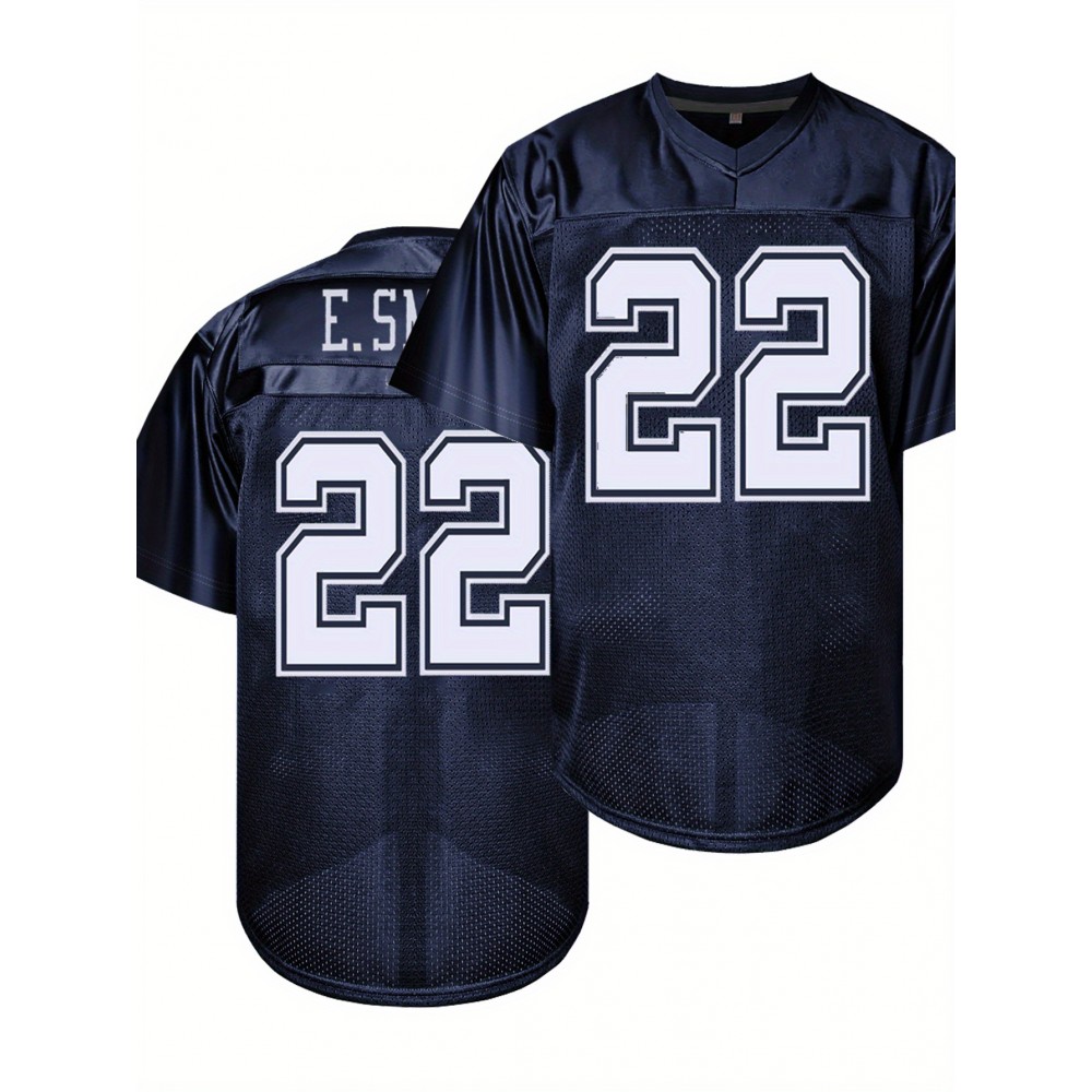 Men's Deep Blue # 22 Breathable Rugby Shirt, Sports V-neck Short Sleeve Training Match Uniform, Embroidered American Football Shirt