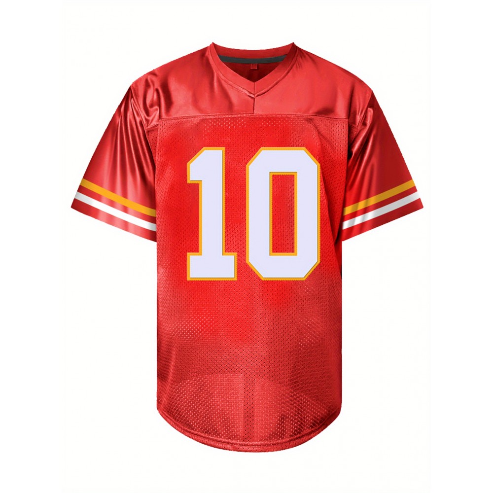 Men's Red #10 Embroidered American Football Jersey - Loose Fit Breathable V-Neck Rugby Top for Sports, Casual & Streetwear | All-Season Machine Washable Shirt for Adults & Teens, Customizable Football Jersey, Durable Sportswear
