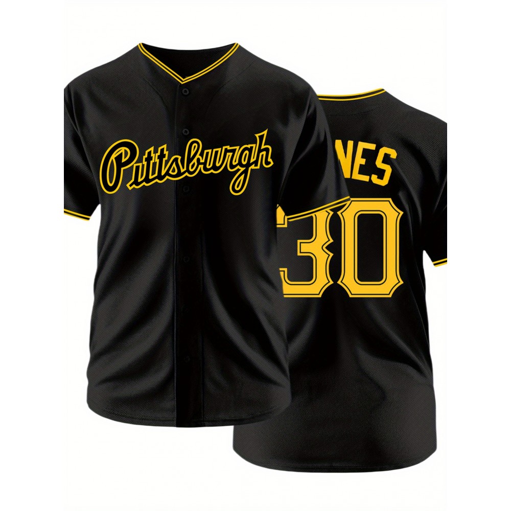 Men's Black #30 Baseball Shirt with Pittsburgh Embroidered Letter & Number Design, Breathable Loose Fit V-Neck Button-Up for Casual Streetwear, Sports & Outdoor Activities - All-Season Comfort, Outdoor Activewear | Relaxed Fit Jersey | Embroidered Details