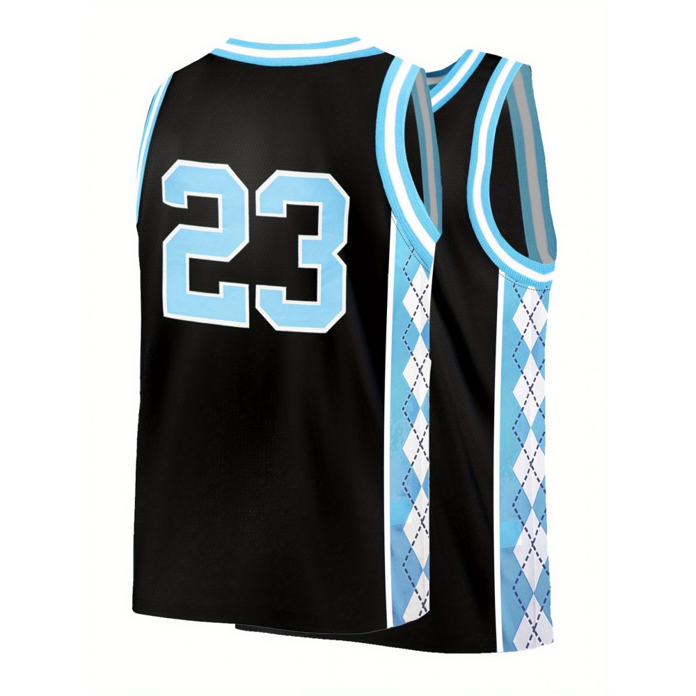 Men'S Blue Black Spliced Diamond Grid Basketball Top # 23 Classic Retro Embroidered Letter Sleeveless Sweat wicking Breathable Tank Top Basketball Suit