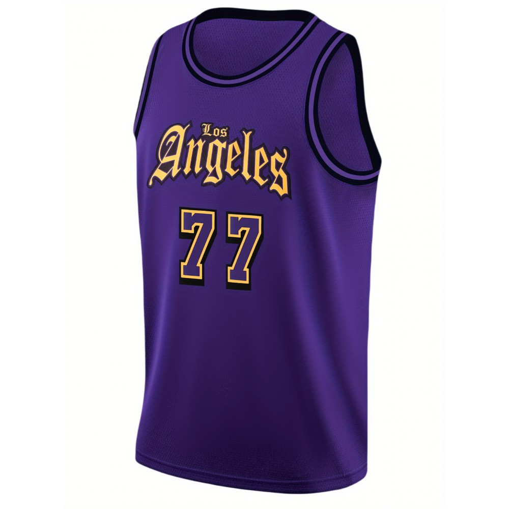Men's purple # 77 basketball jersey, casual, loose and breathable, classic retro embroidered letter vest round neck basketball suit