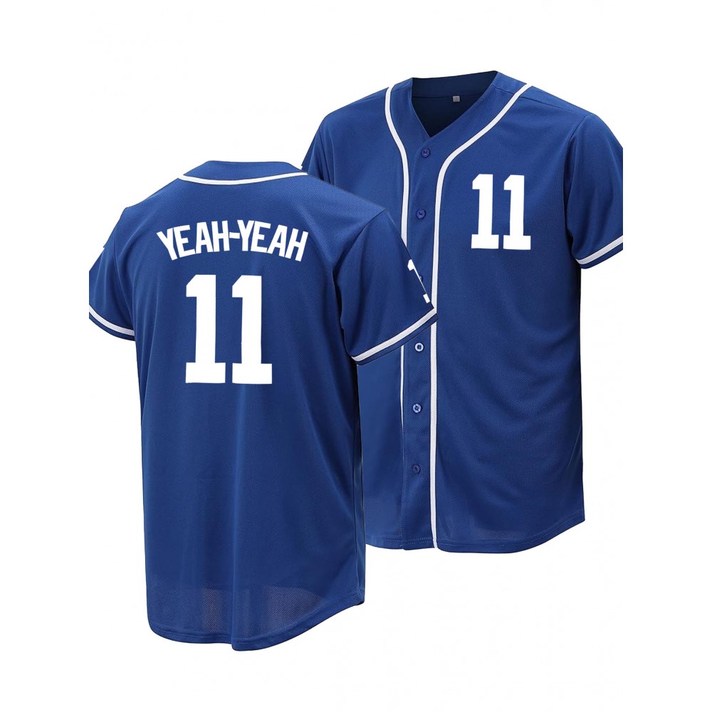Men'S Blue # 11 Baseball Shirt, Classic Letter Embroidery Design, Button Style Short Sleeved Breathable Shirt, for Training And Competition Use