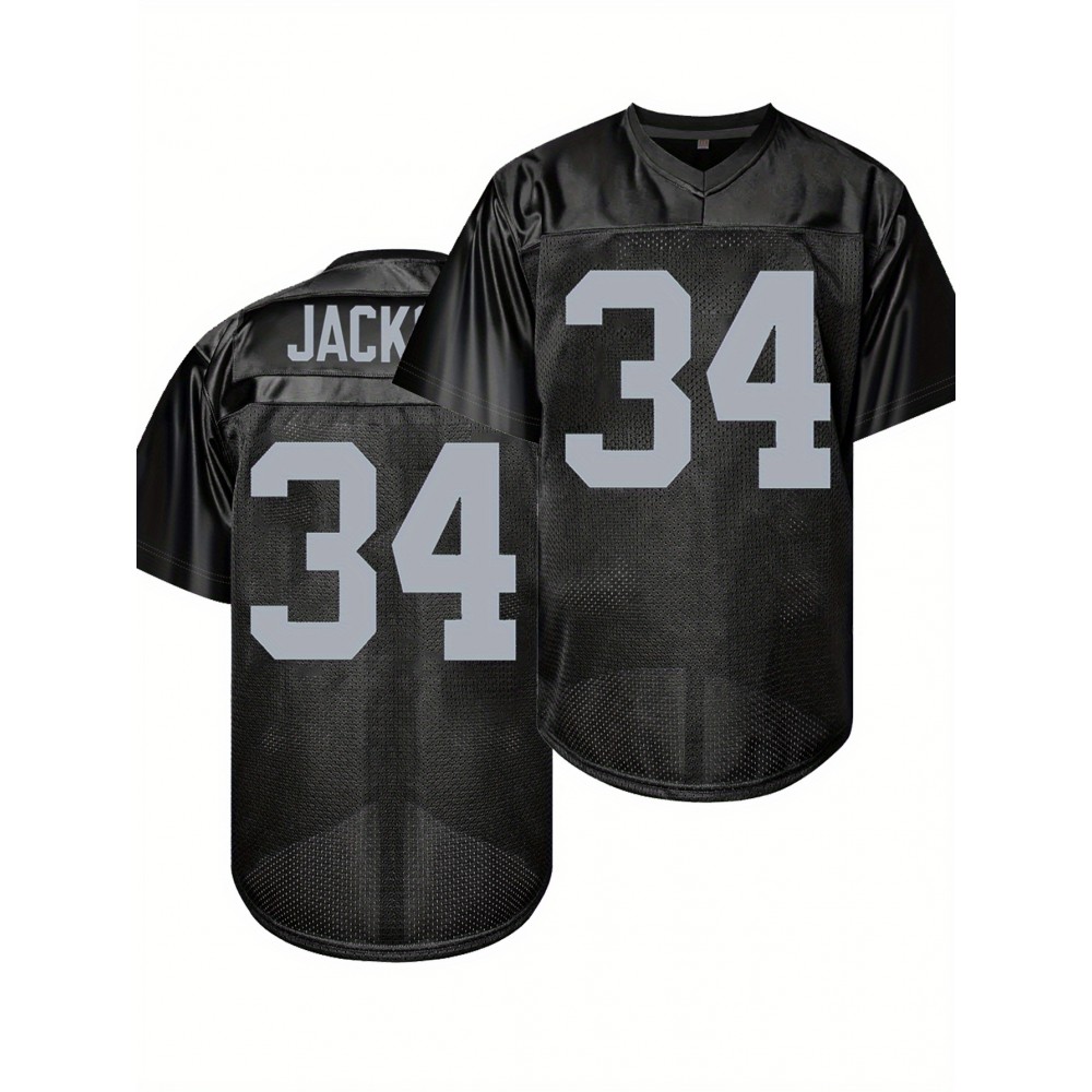 Men's Black #34 Breathable American Football Jersey - Embroidered V-Neck Loose Fit Rugby Shirt for Training, Matches & Casual Wear | All-Season Machine Washable Sportswear, Embroidered Detailing