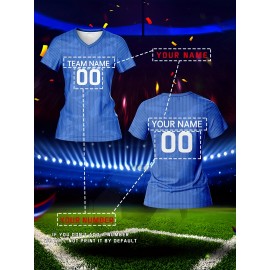 [Women's Soccer Jersey] Customized Women's V-Neck Soccer Jersey - Personalized Team Training Sports Shirt, Comfortable, Breathable, Quick-Dry for Fitness & Casual Wear, Blue with White & Yellow Graphics, Spring/Summer/Fall