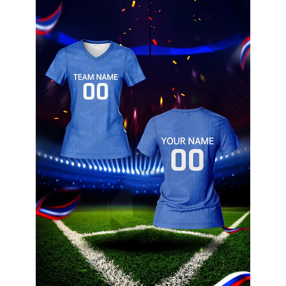 [Women's Soccer Jersey] Customized Women's V-Neck Soccer Jersey - Personalized Team Training Sports Shirt, Comfortable, Breathable, Quick-Dry for Fitness & Casual Wear, Blue with White & Yellow Graphics, Spring/Summer/Fall
