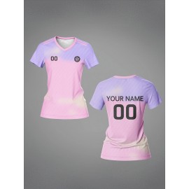 Customizable Women's V-Neck Soccer Jersey - Personalized Name & Number, Pink & Purple Design, Breathable Polyester for Sports, Fitness, and Team Training