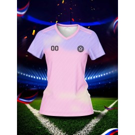 Customizable Women's V-Neck Soccer Jersey - Personalized Name & Number, Pink & Purple Design, Breathable Polyester for Sports, Fitness, and Team Training