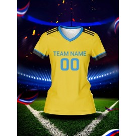 Custom Name and Number Women'S V-Neck Football Jersey, Sports Style, Polyester, Slight Stretch, All Over Print, Regular Length, Spring/Summer/Fall, Knit Fabric, 210 g/m²