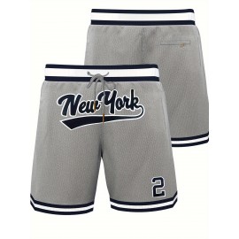 2 Embroidery Breathable Men's Letter & Number Basketball Shorts, Athletic Drawstring Shorts For Training & Competition