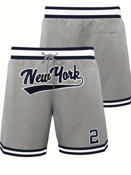 2 Embroidery Breathable Men's Letter & Number Basketball Shorts, Athletic Drawstring Shorts For Training & Competition